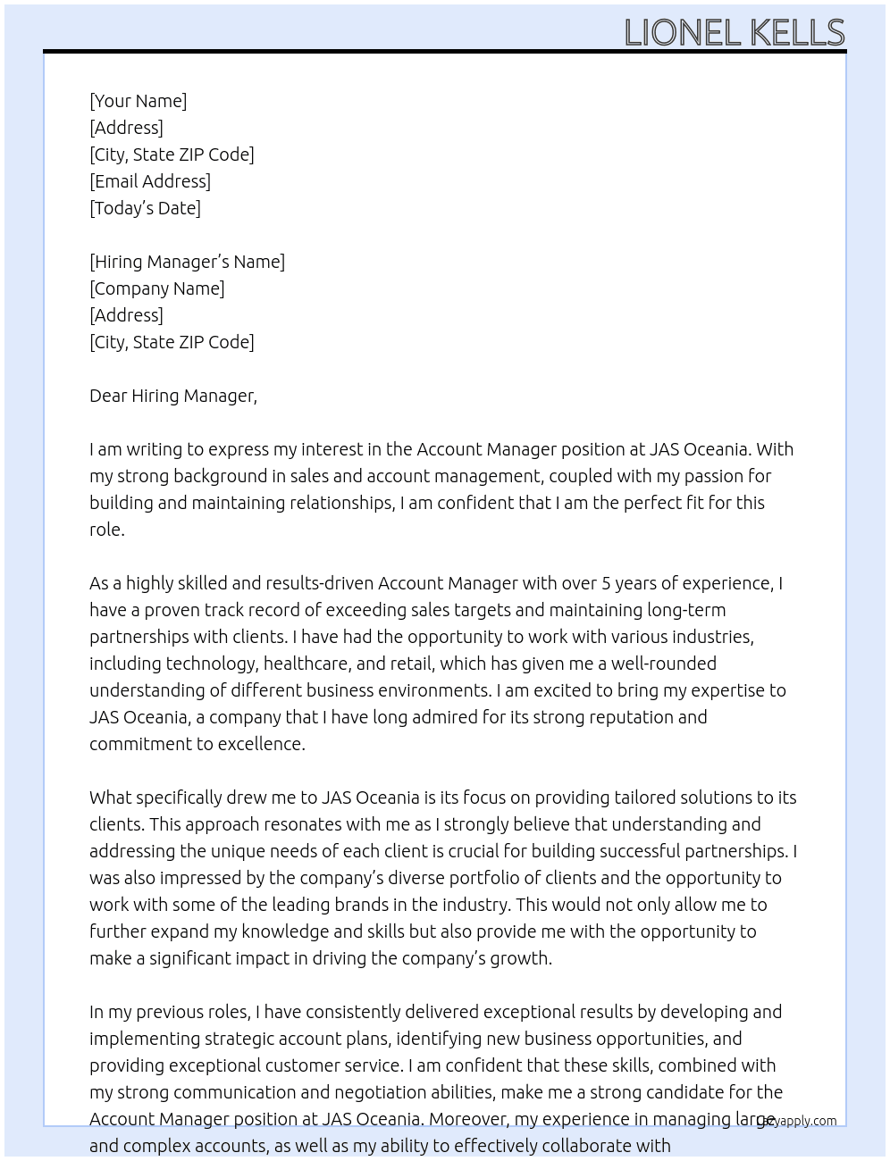 Account Manager At JAS Oceania Cover Letter