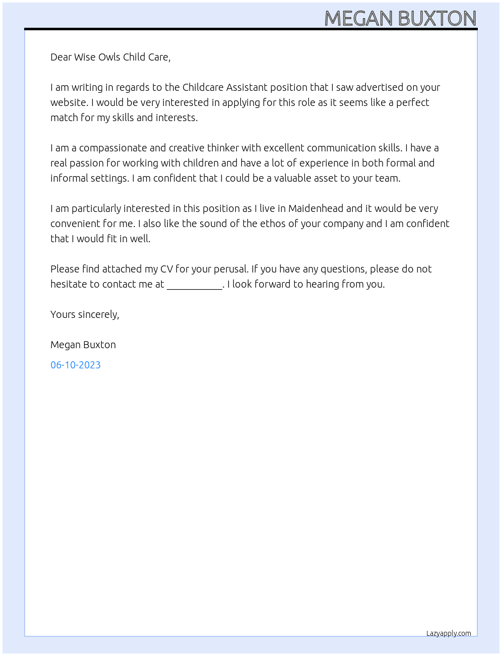Childcare Assistant At Wise Owls Child Care Cover Letter