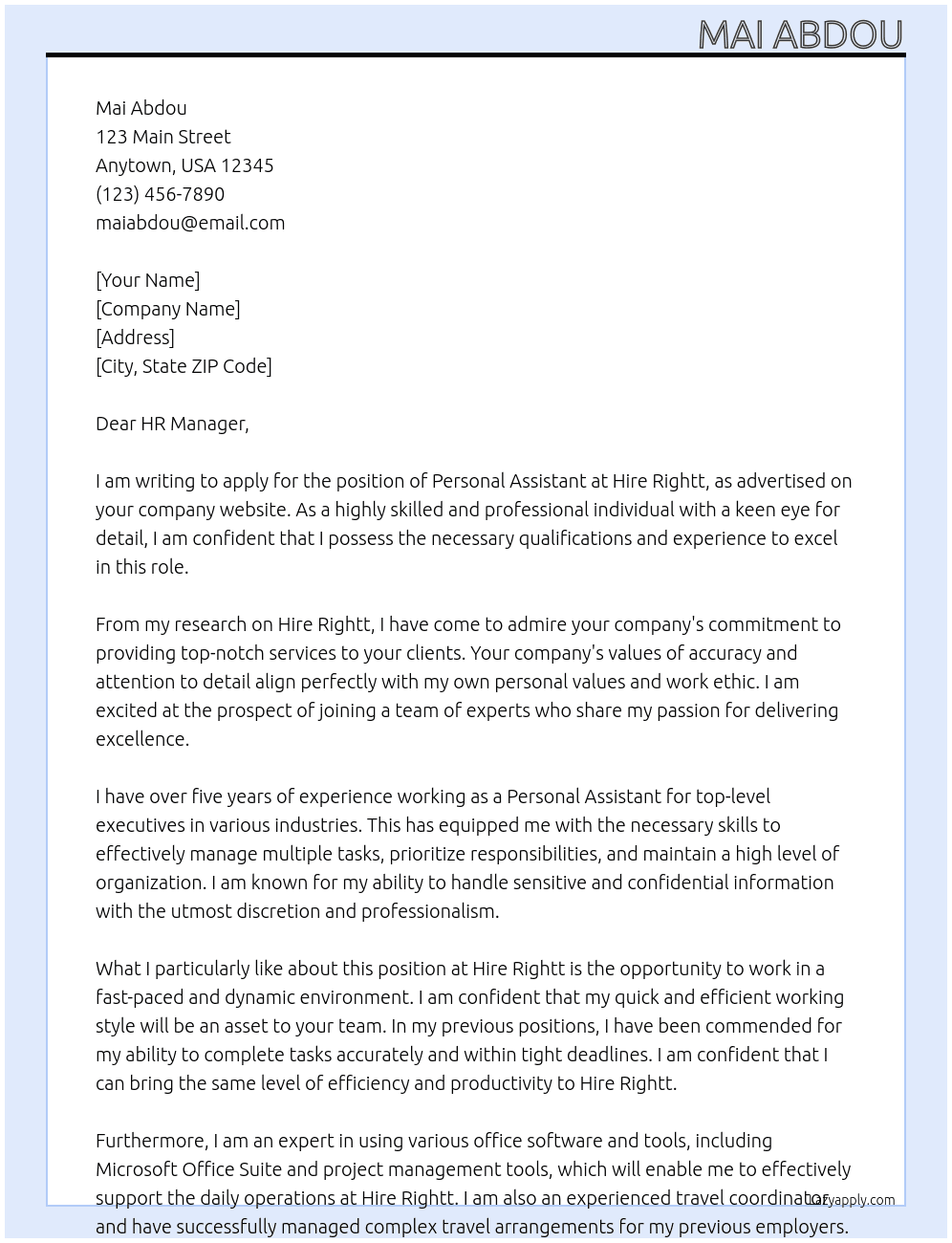 Personal Assistant  At Hire Rightt Cover Letter