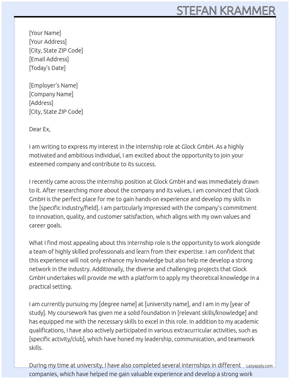 Intern At Glock GmbH Cover Letter