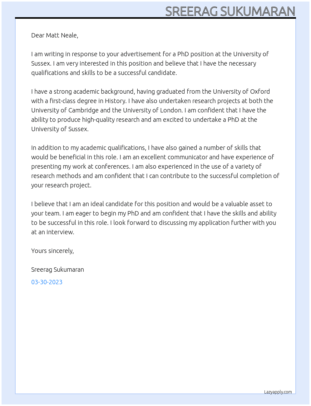 Phd At University of sussex Cover Letter
