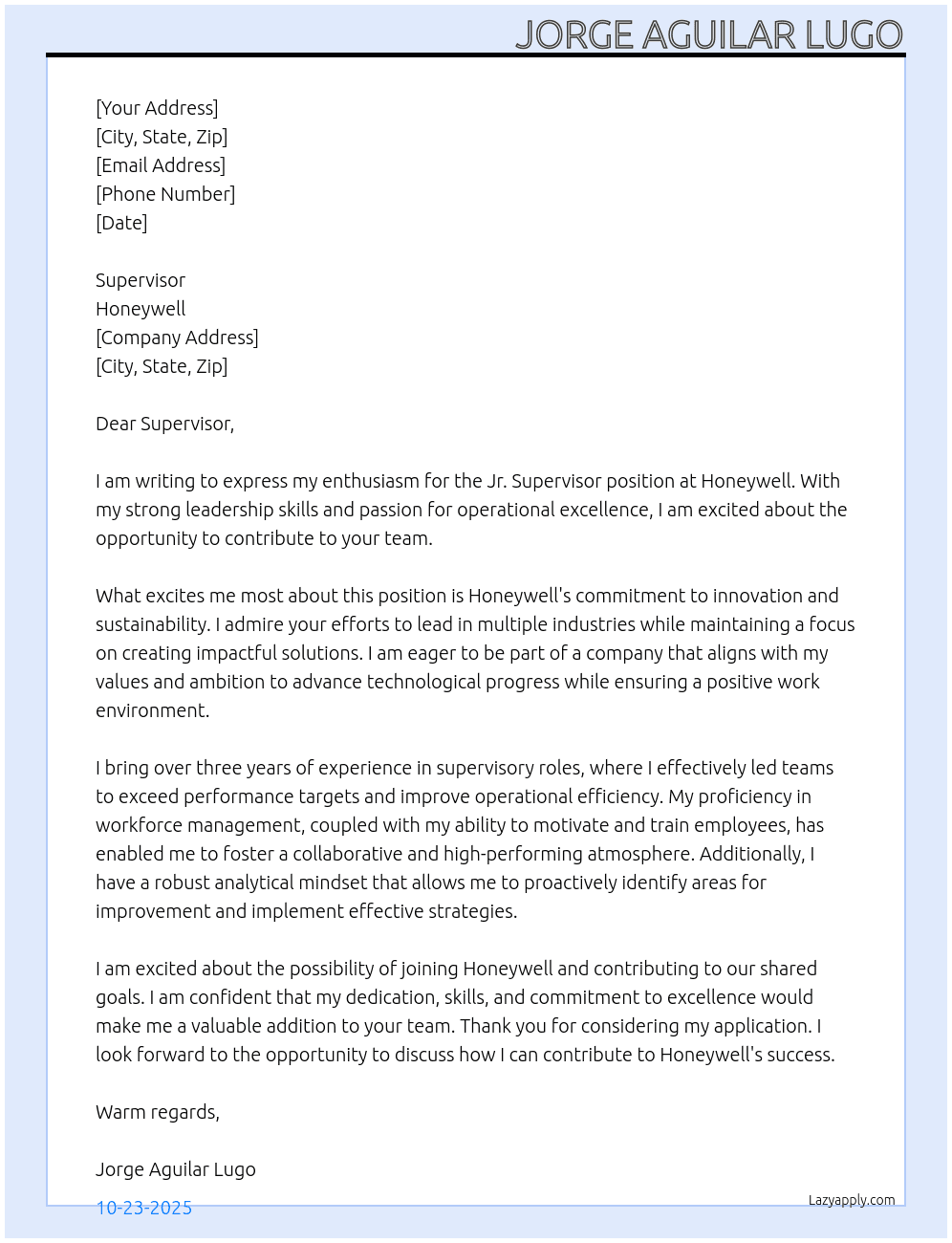 Jr.supervisor  At Honeywell Cover Letter