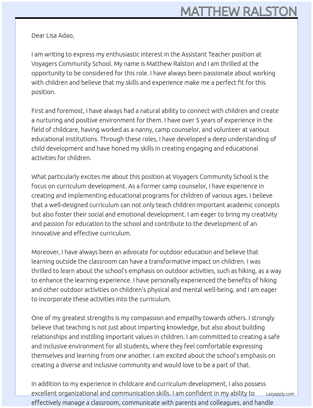 Assistant Teacher At Voyagers Community School Cover Letter