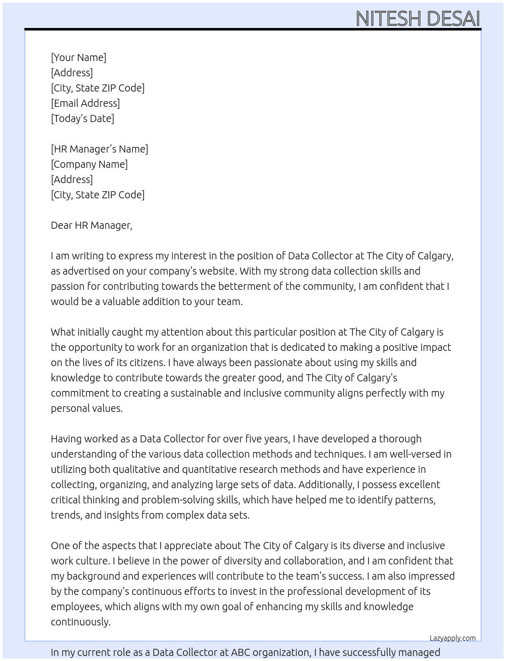 Data Collector At The City of Calgary Cover Letter