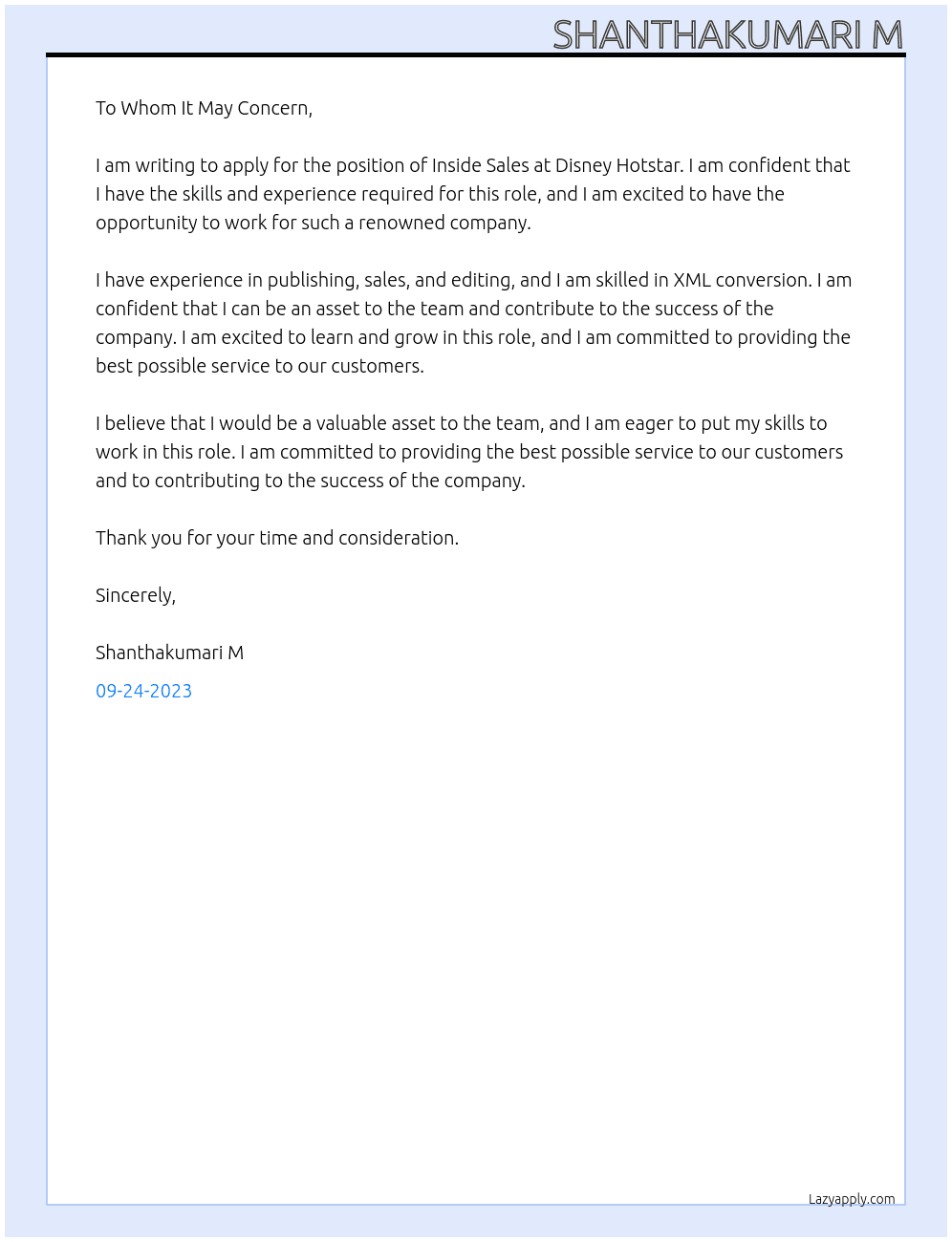 Inside Sales At Disney Hotstar Cover Letter