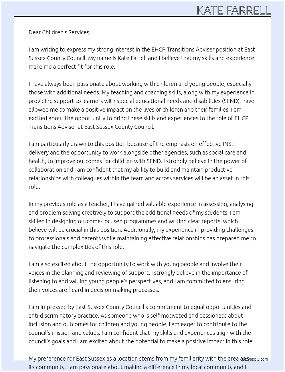 EHCP Transitions Adviser At East Sussex County Council Cover Letter