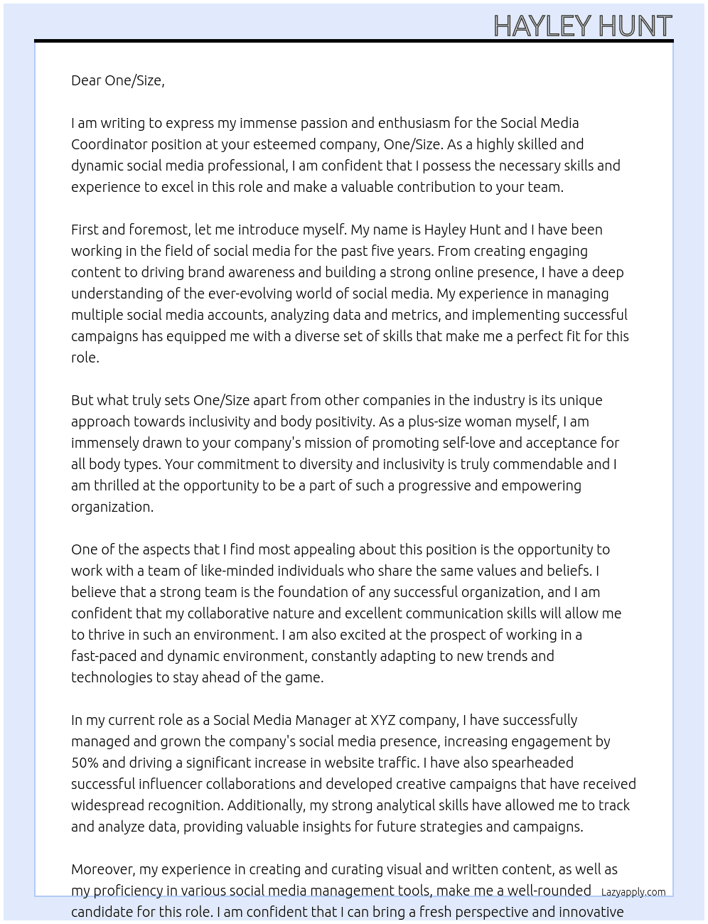 Social Media Coordinator At One/Size Cover Letter