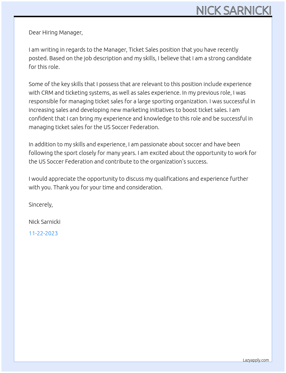 Manager, Ticket Sales At US Soccer Federation Cover Letter