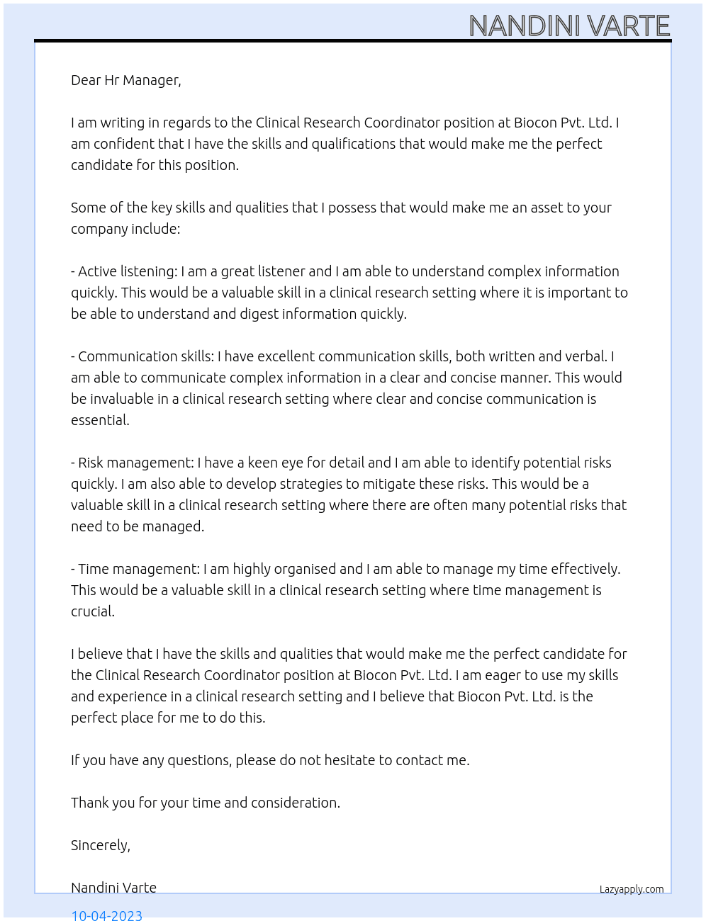 Clinical Research Coordinator  At Biocon Pvt. Ltd. Cover Letter