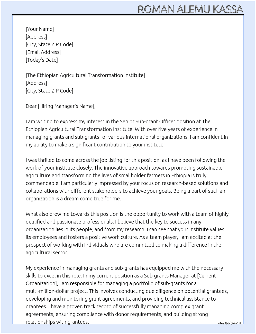 Cover letter for senior sub-grant officer - LazyApply