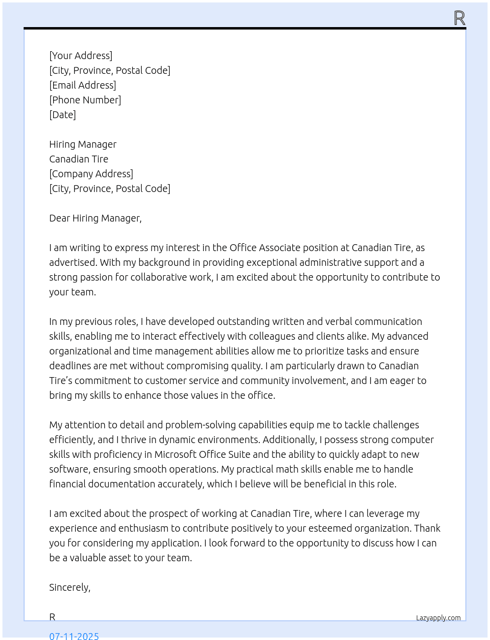 Office Associate At Canadian Tire Cover Letter