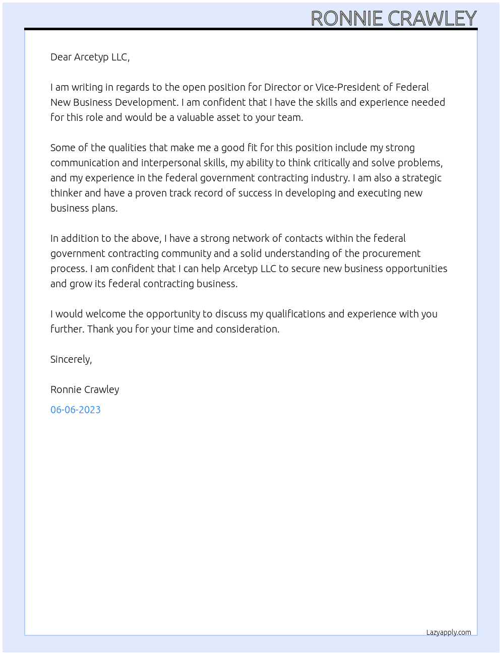 Director or Vice-President of Federal New Business Development At Arcetyp LLC  Cover Letter
