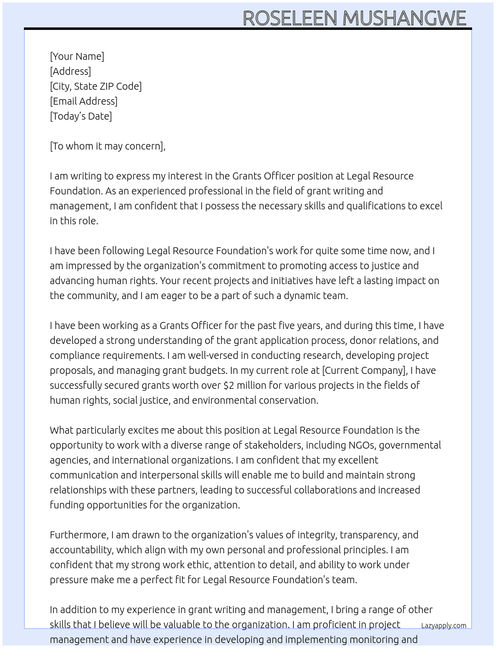 Grants officer At Legal resource foundation  Cover Letter