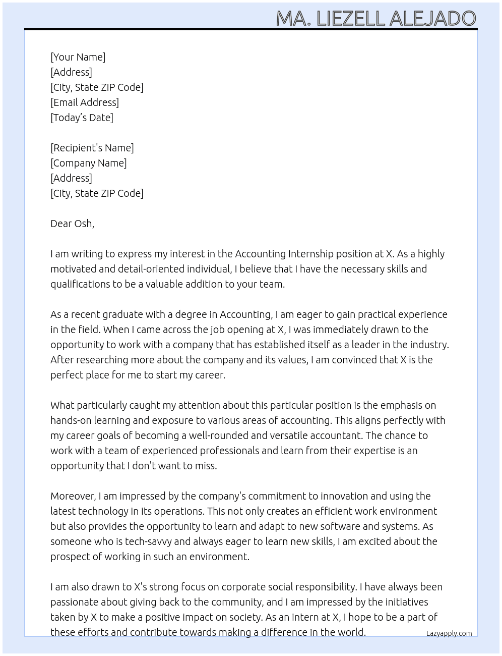Accounting Internship At X Cover Letter