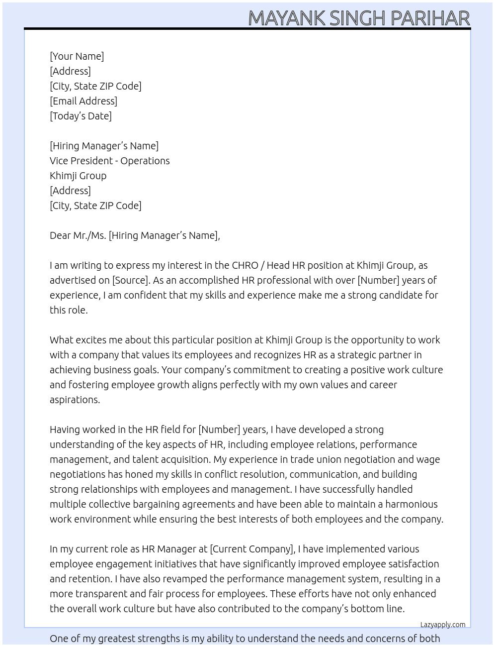 CHRO / Head HR At Khimji Group Cover Letter