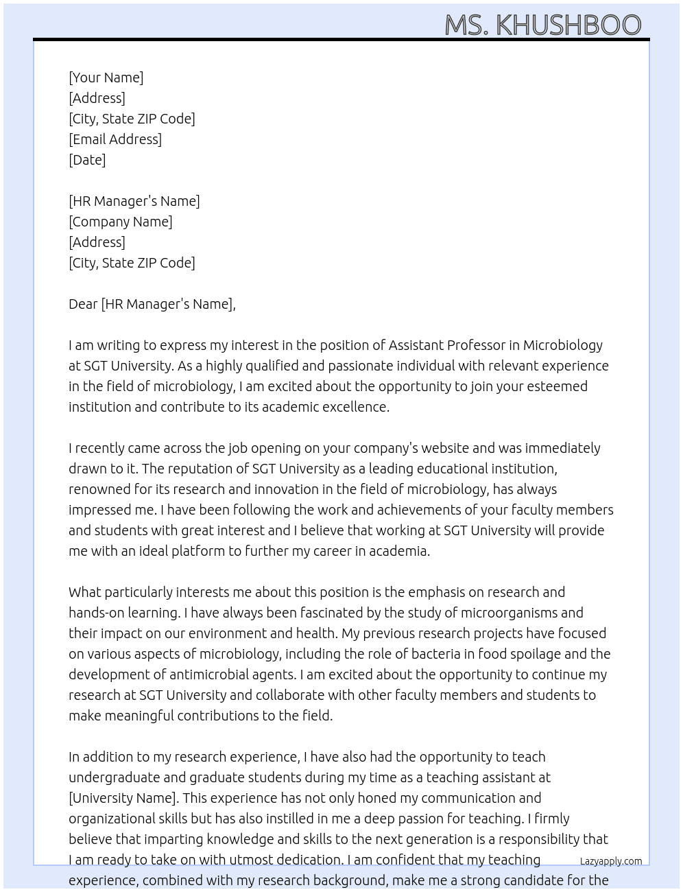 Assistant professor in microbiology  At SGT University  Cover Letter