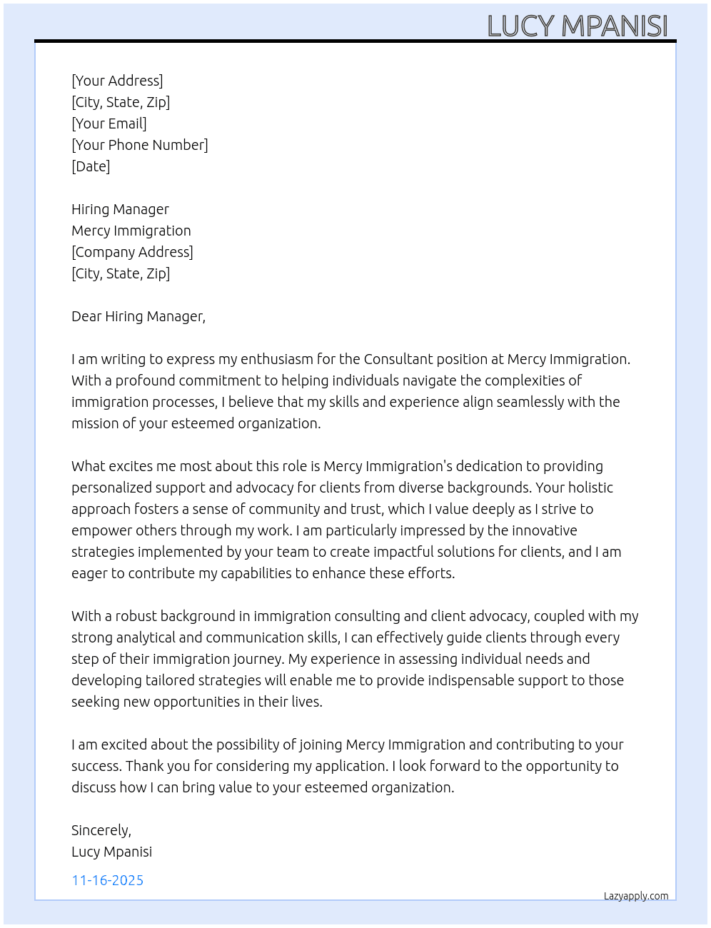 Consultant  At Mercy immigration  Cover Letter