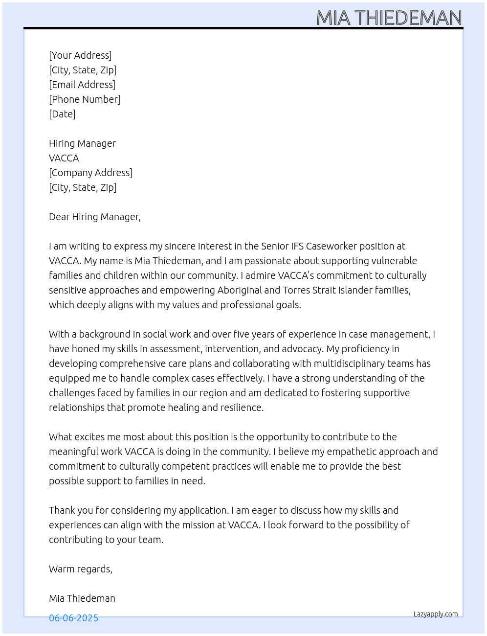 Senior IFS Caseworker At VACCA Cover Letter