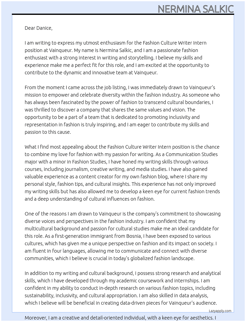 Fashion culture writer intern At Vainqueur Cover Letter
