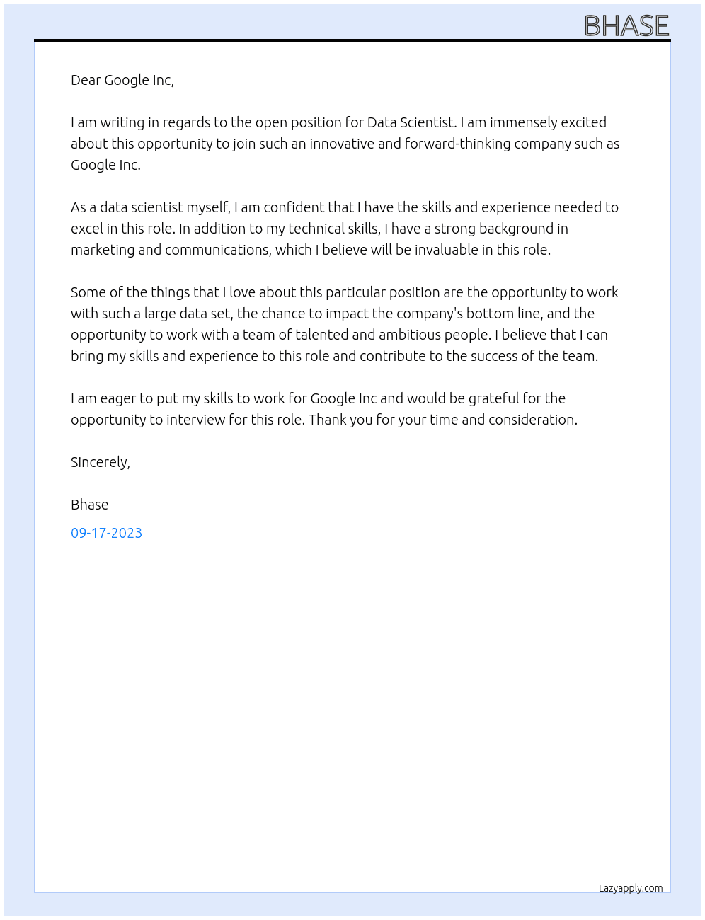 Data Scientist  At Google Inc Cover Letter