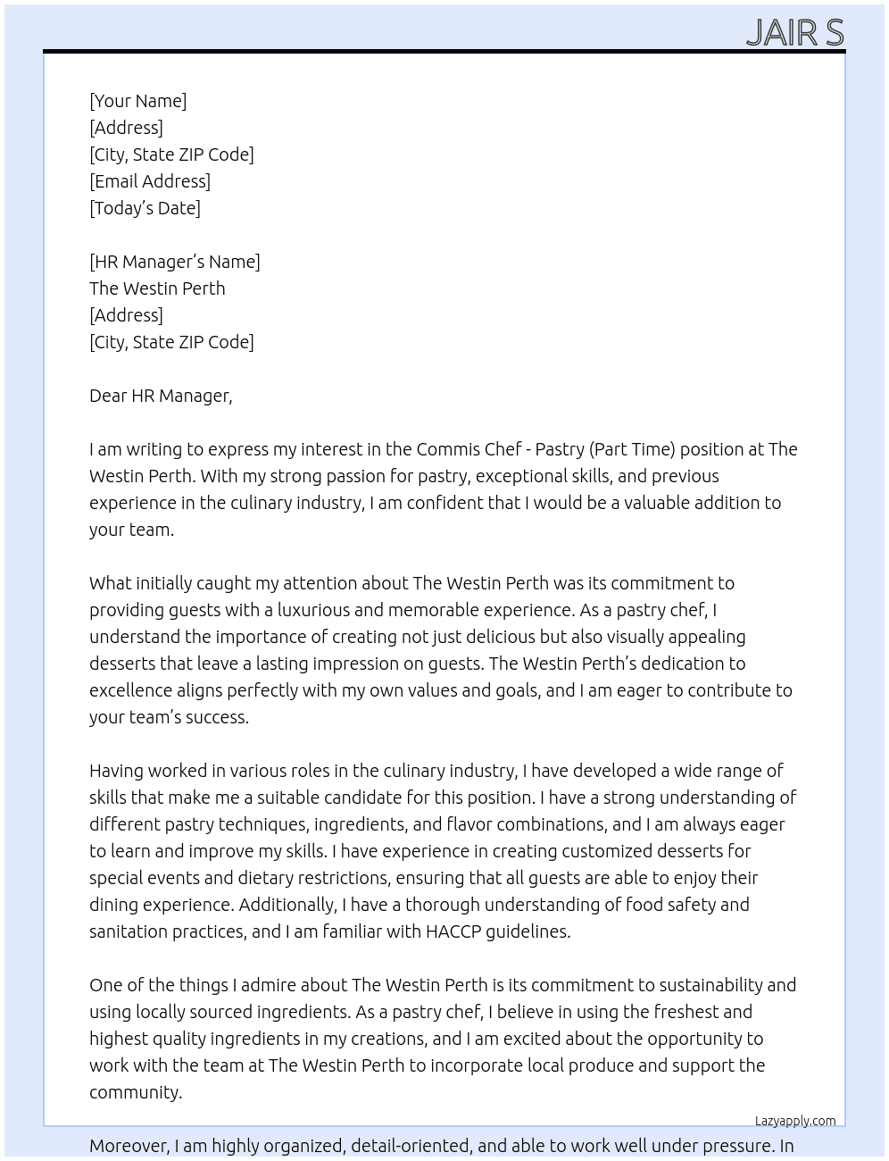 Commis Chef - Pastry (Part Time) At The Westin Perth Cover Letter