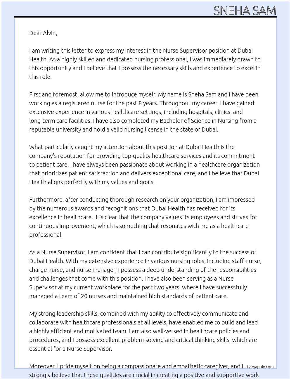 Nurse Supervisor At dubai health Cover Letter