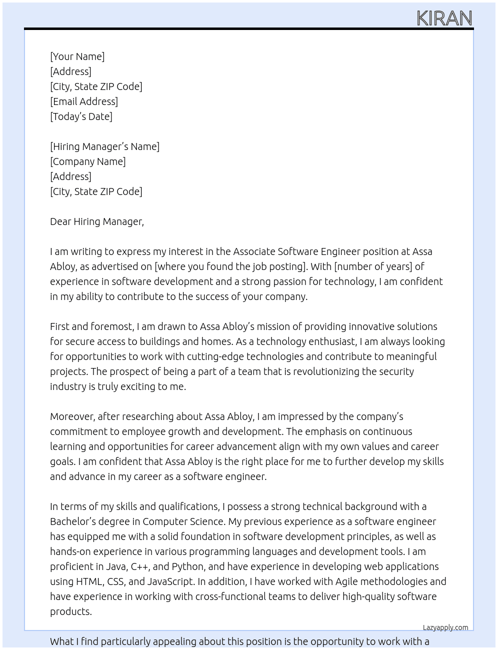 Associate Software Engineer At Assa Abloy Cover Letter