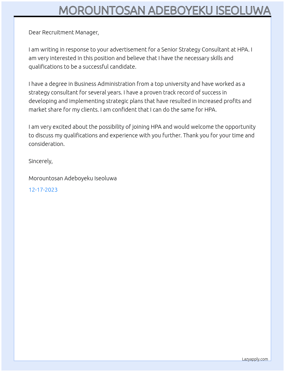 senior strategy consultant At HPA Cover Letter