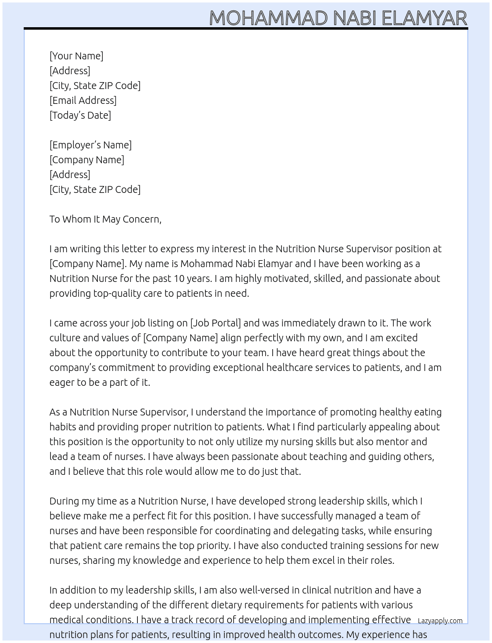 Nutrition nurse supervisor  At Recommendation letter  Cover Letter