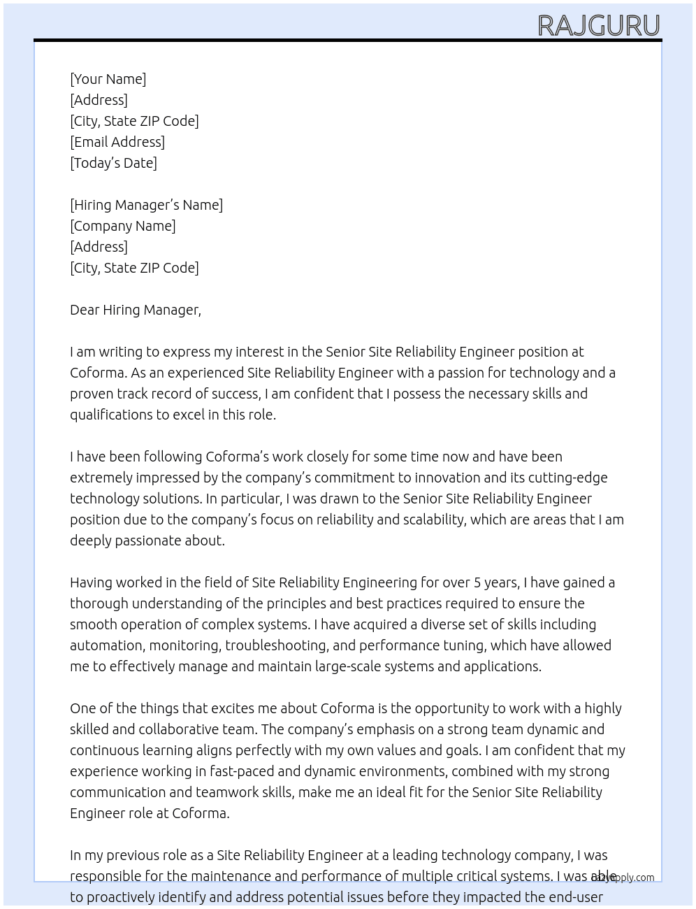 Senior Site Reliability Engineer At Coforma Cover Letter