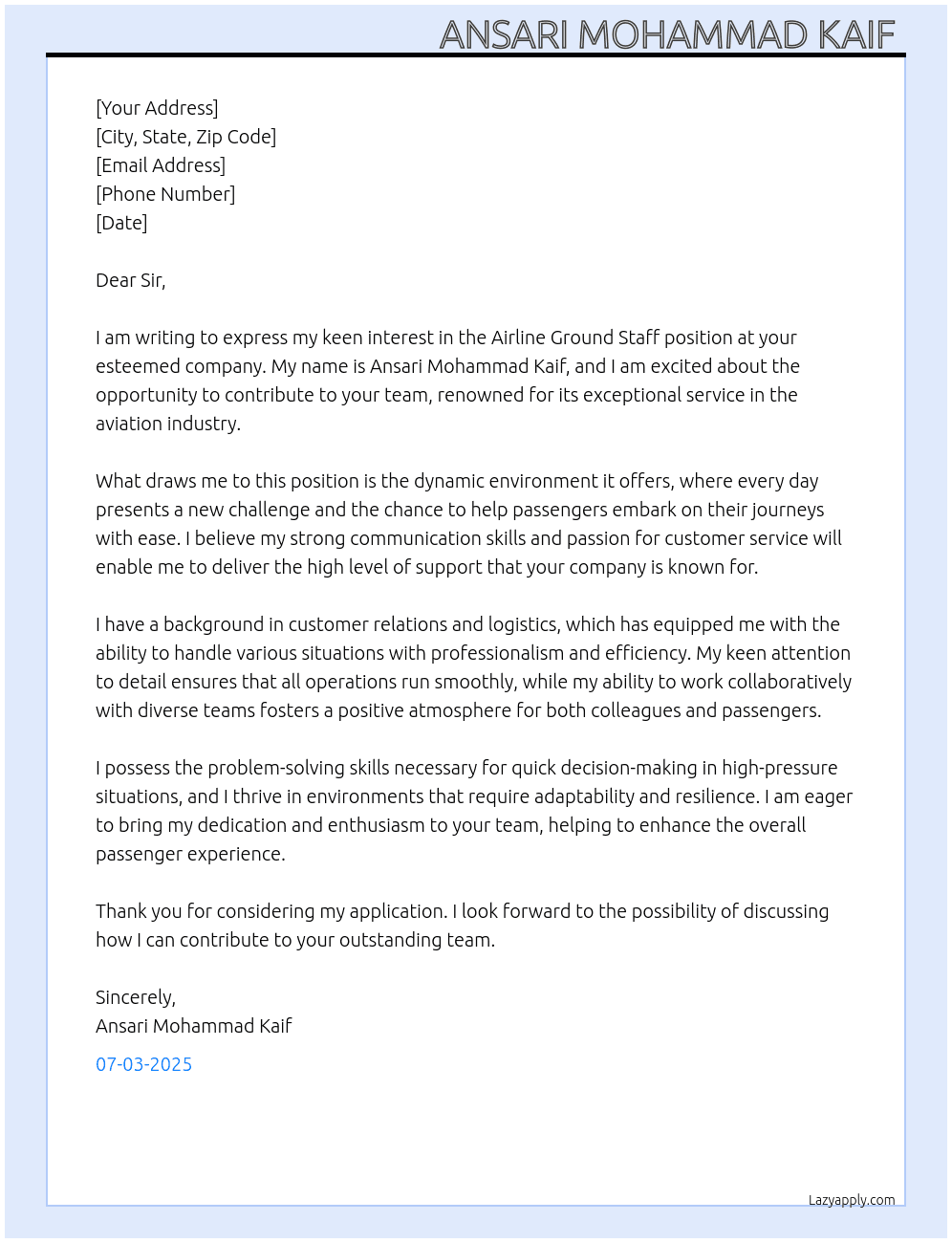Airline Ground staf  At No Cover Letter