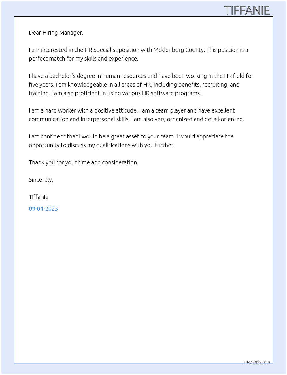 hr specialisr At Mcklenburg county Cover Letter