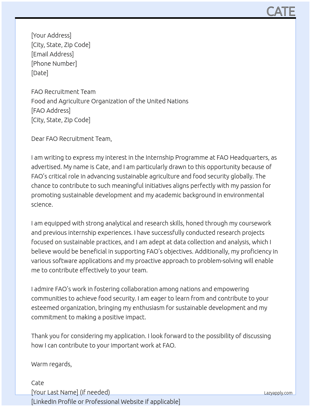 Call for Expression of Interest – Internship Programme for FAO headquarters (HQ) At FAO Cover Letter