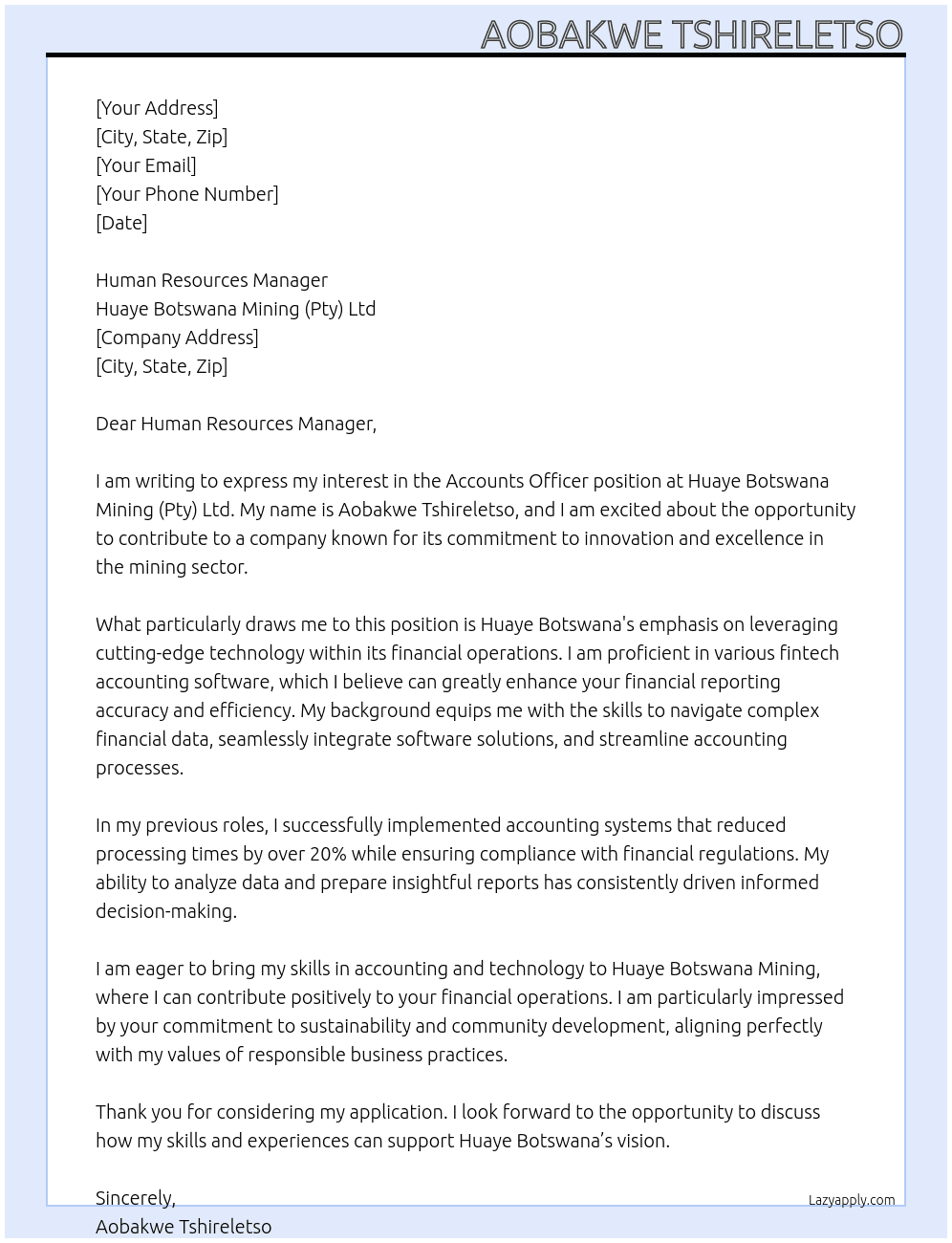 Accounts Officer At Huaye Botswana Mining (Pty) Ltd Cover Letter