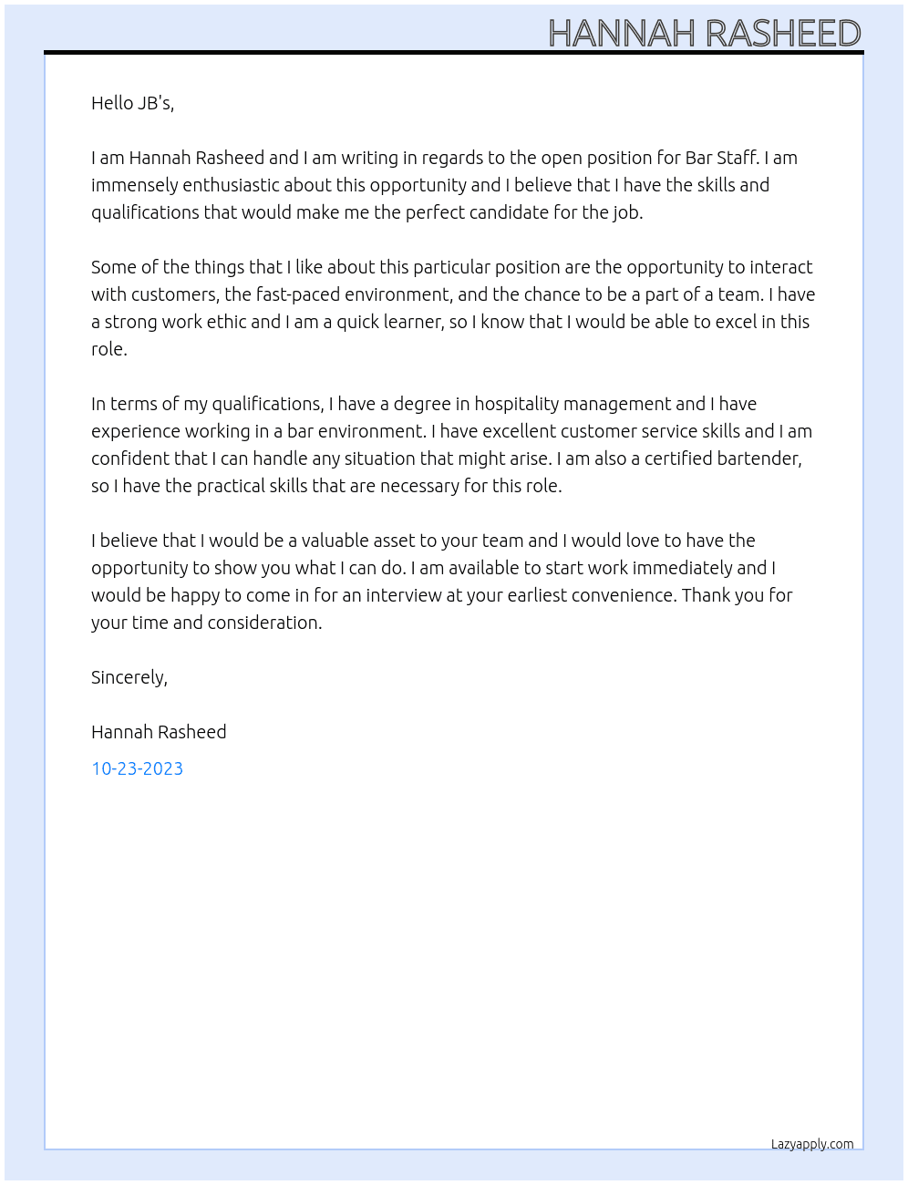 Bar Staff At JB's Cover Letter