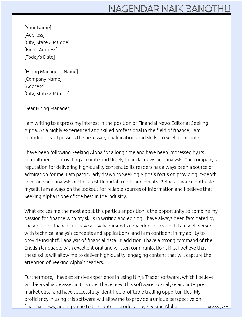 Financial News Editor At Seeking Alpha Cover Letter