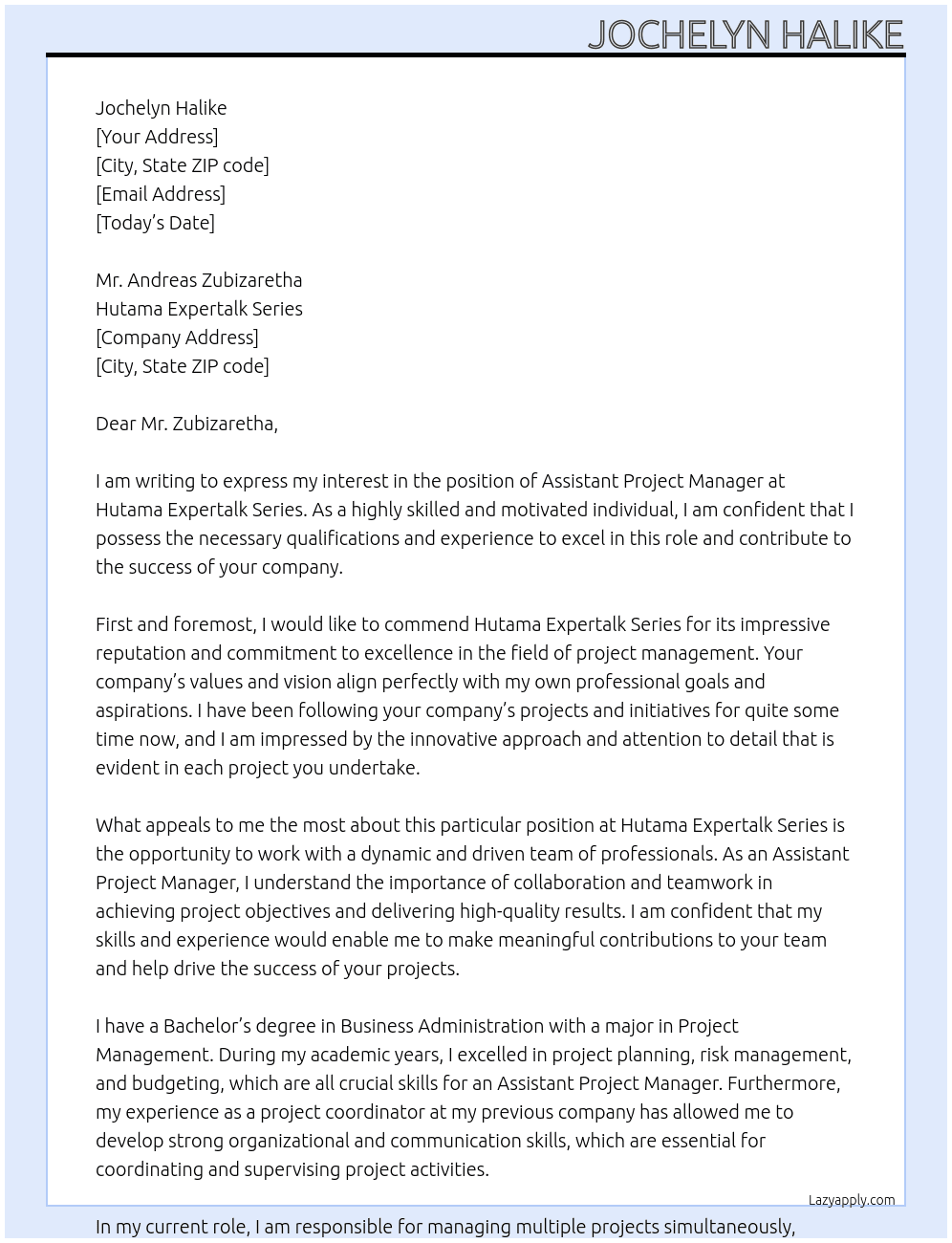 assistant project manager  At Hutama Expertalk Series Cover Letter