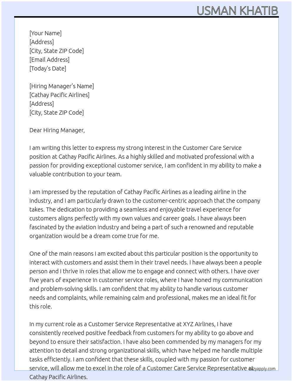 Customer care service  At Cathay Pacific Airlines Cover Letter