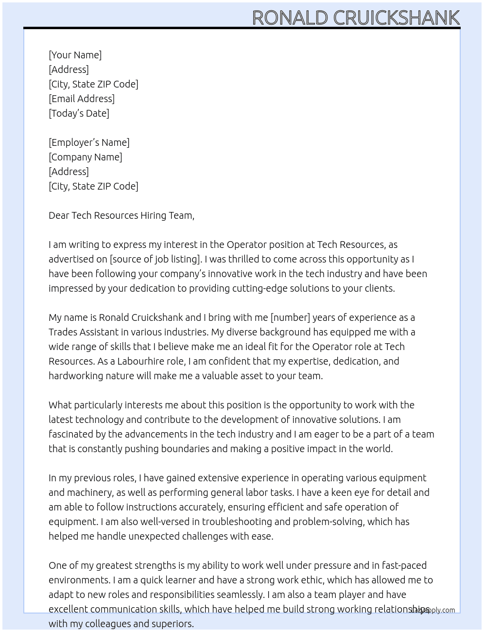 Operator  At Tech resources Cover Letter