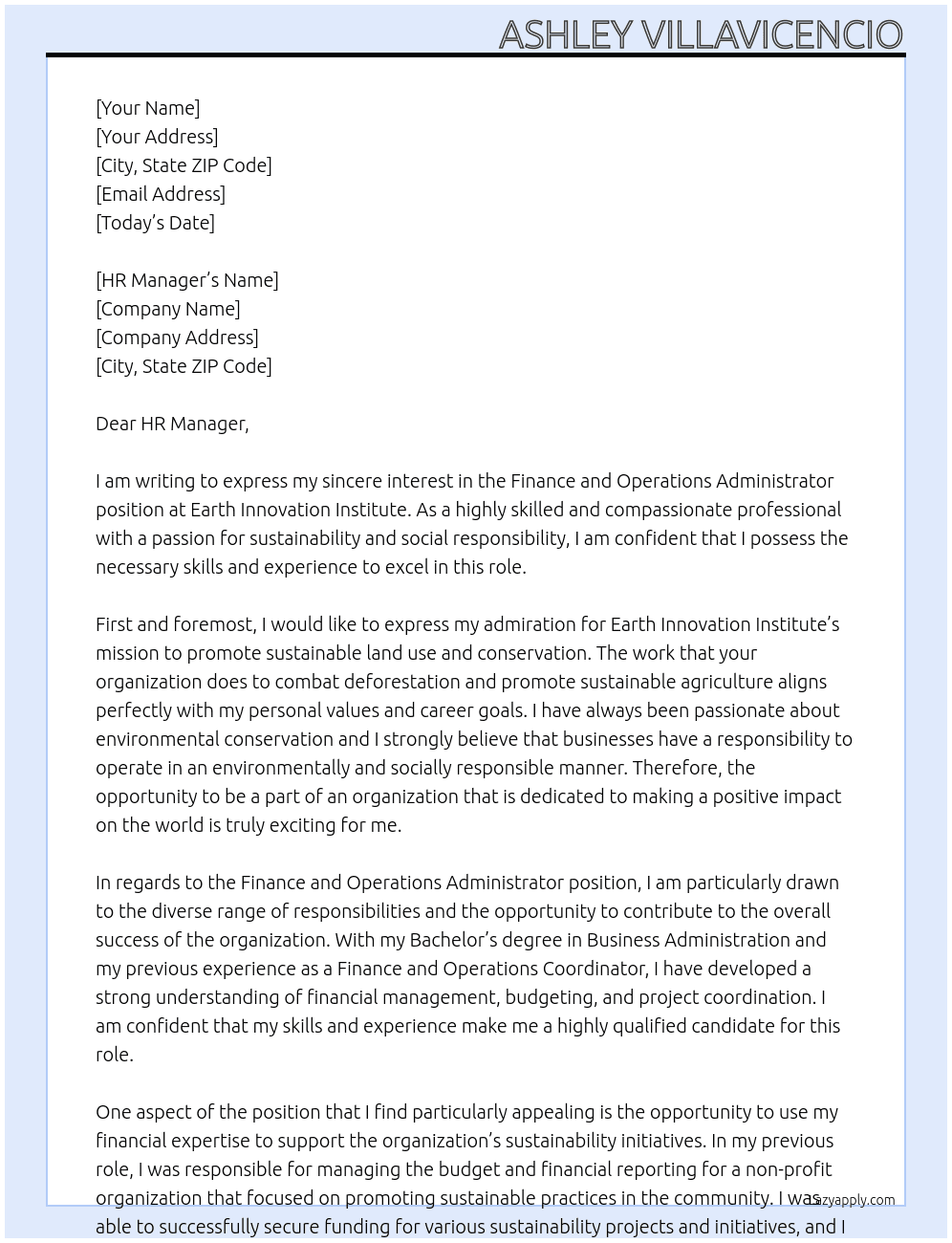 Finance and Operations Administrator At Earth Innovation Institute Cover Letter