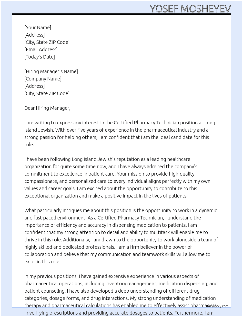 Certified Pharmacy Technician At Long Island Jewish Cover Letter
