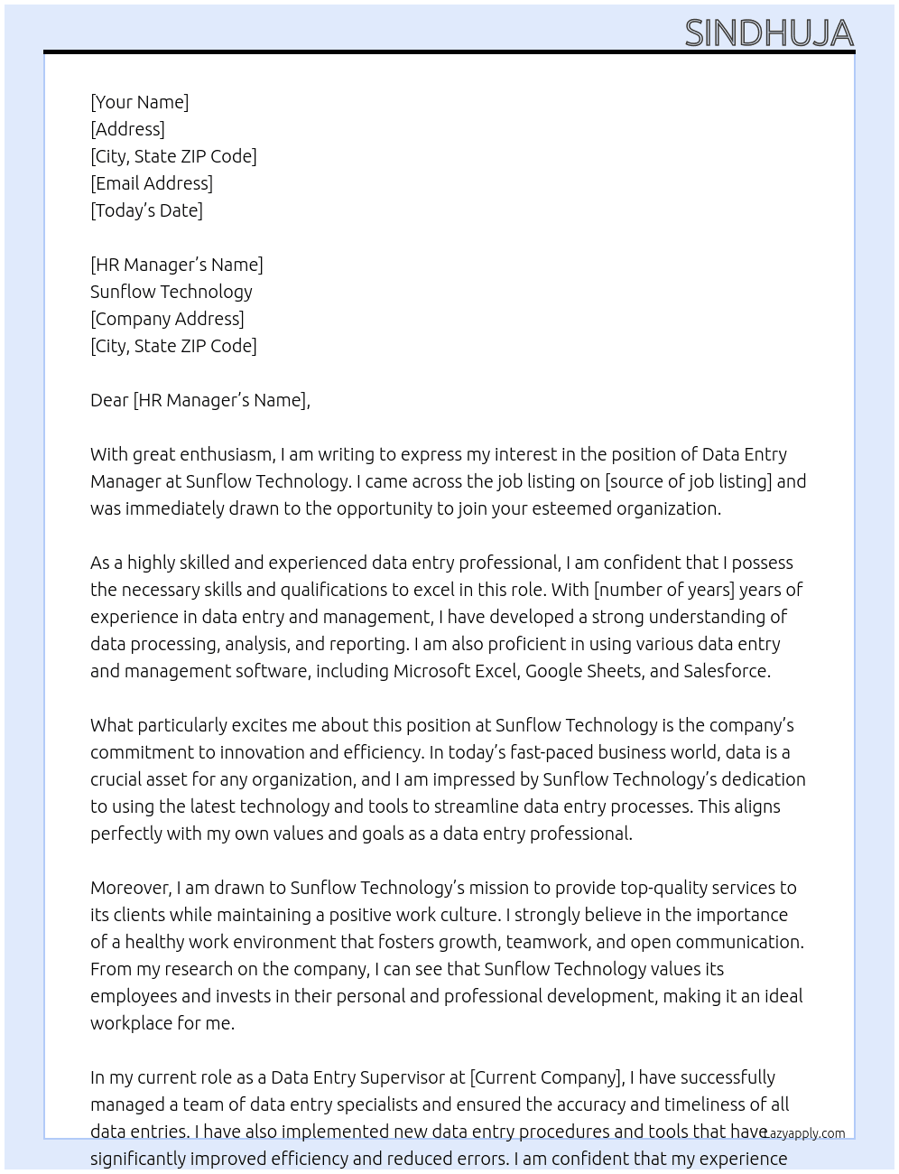 data entry manager  At sunflow technology Cover Letter
