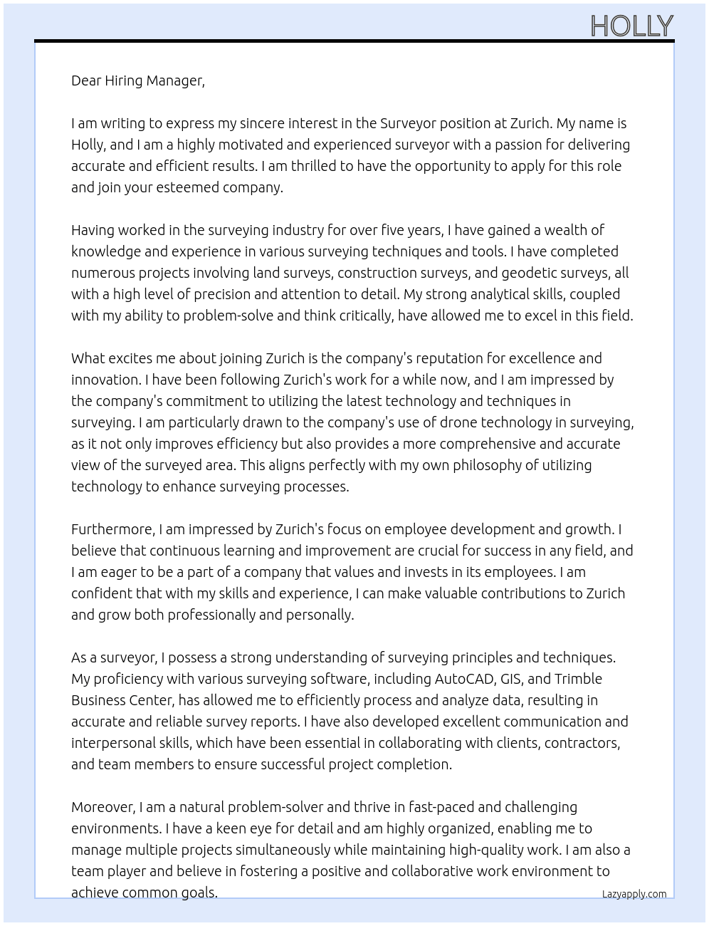 Surveyor  At Zurich Cover Letter