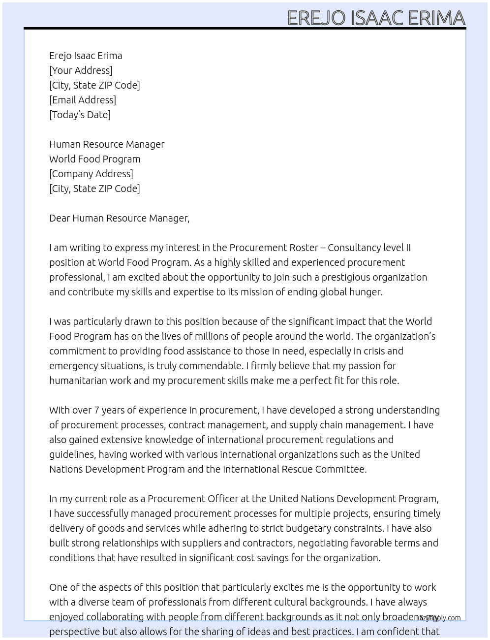 Cover letter for procurement roster – consultancy level ii - LazyApply