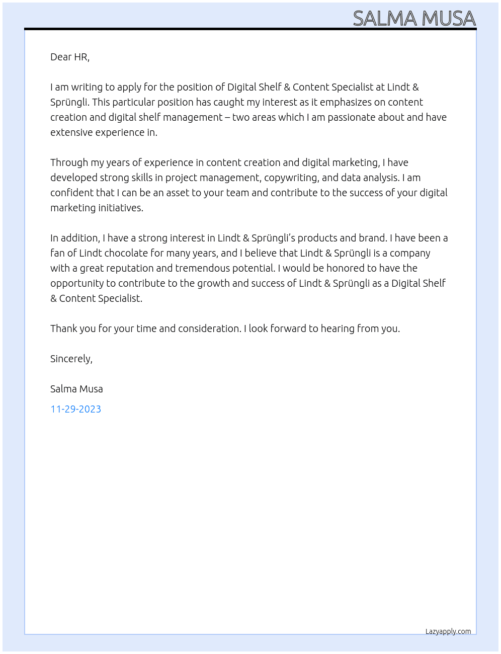 Digital Shelf & Content Specialist At Lindt & Sprüngli  Cover Letter