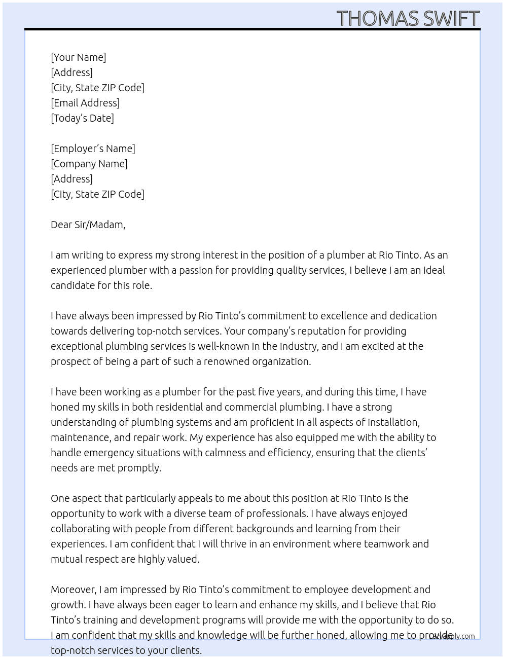 plumber At Rio Tinto Cover Letter