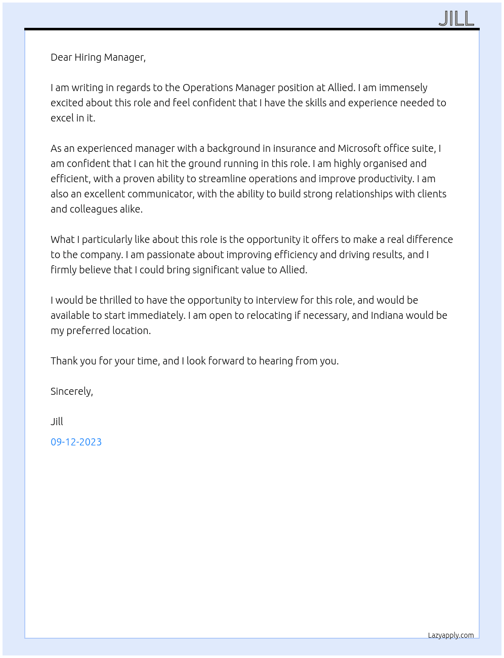 Operations manager  At Allied Cover Letter