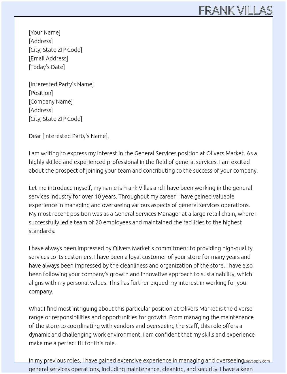 general services At Olivers Market Cover Letter
