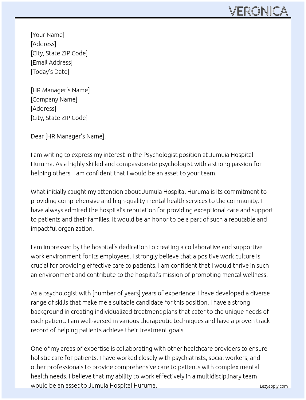 Psychologist  At Jumuia Hospital Huruma Cover Letter