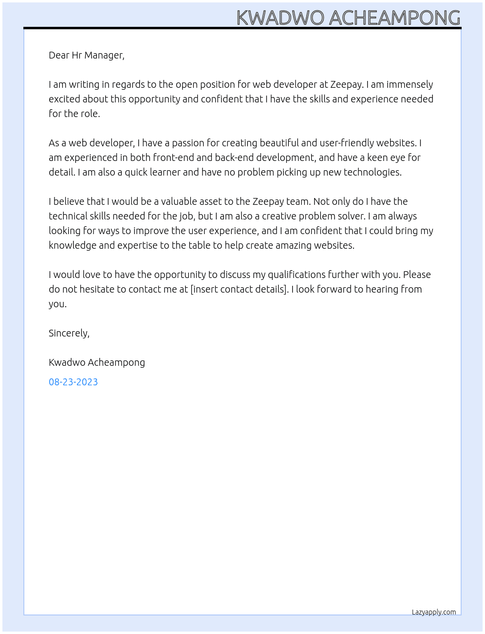 Web developer At Zeepay Cover Letter